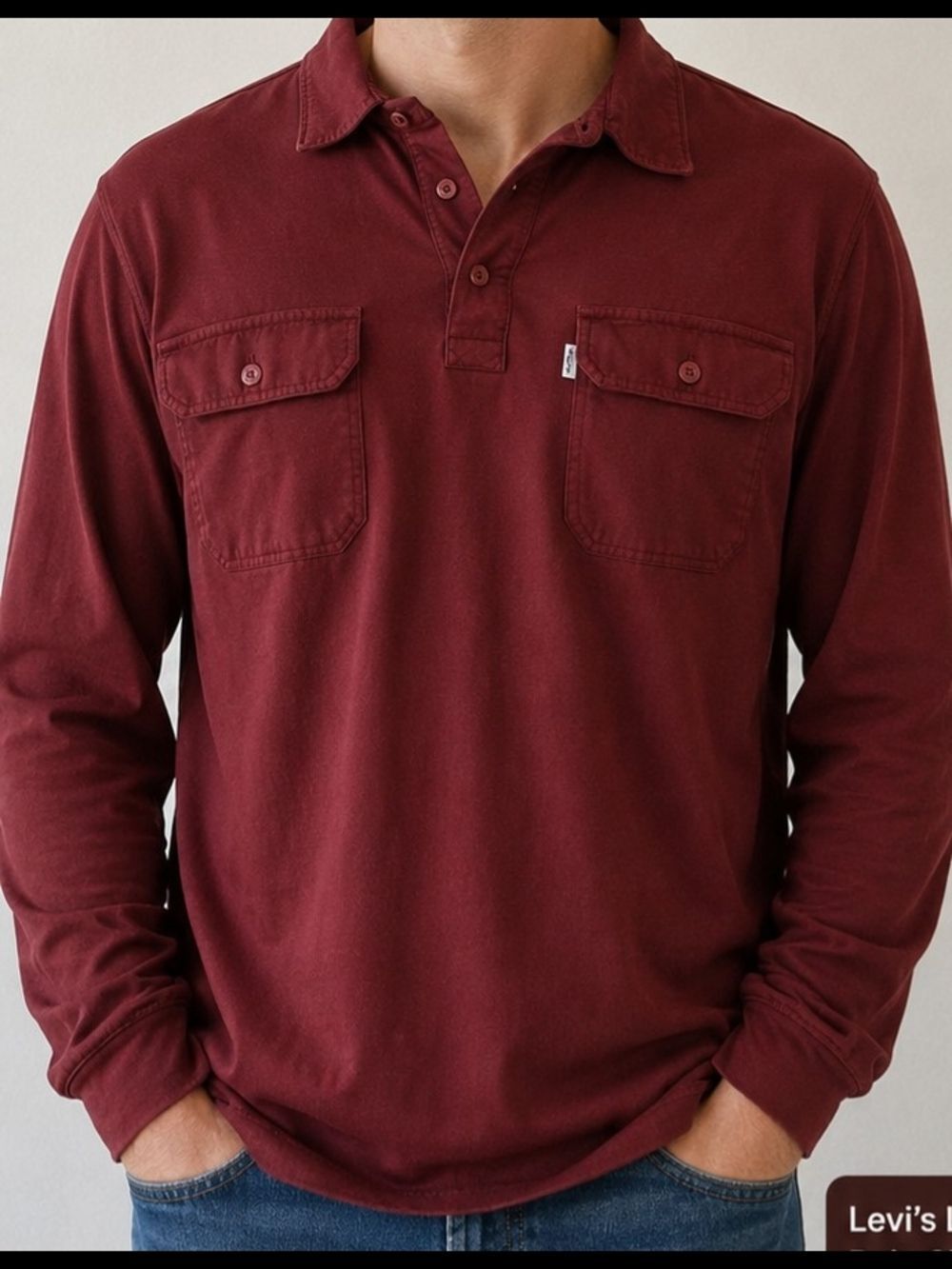 100% Cotton Levi's Red Long Sleeve Polo Shirt Men's Sz L Casual Workwear